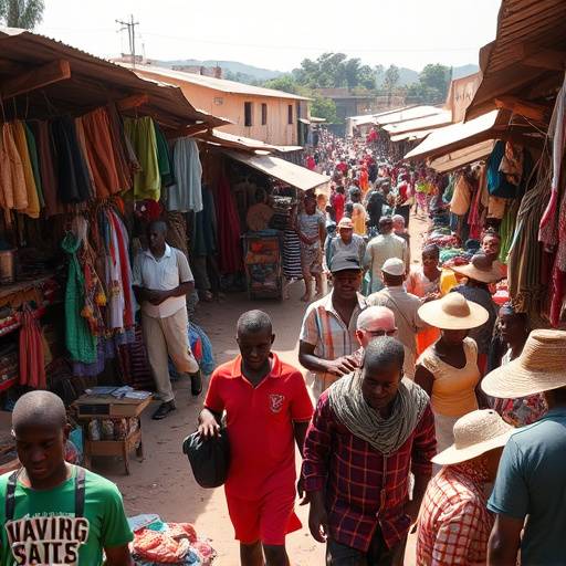 A busy African marketplace with traders and goods.