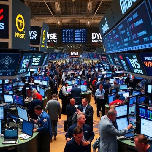 A busy stock market floor with traders looking at screens.