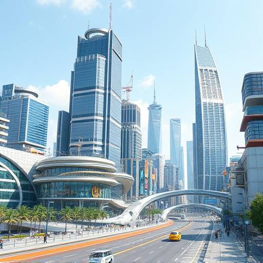A cityscape with technological advancements blended into the architecture