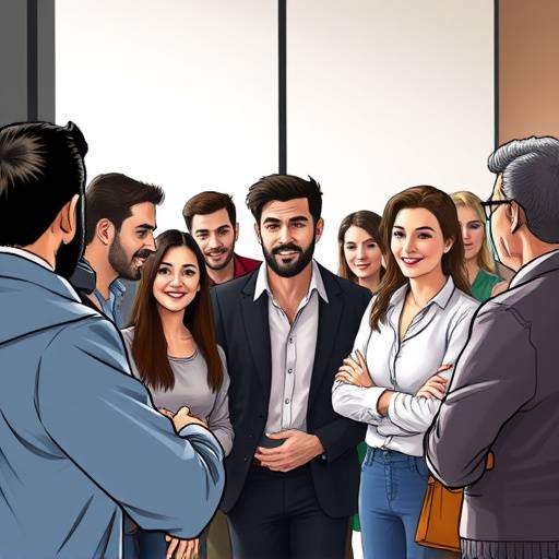 A diverse group of people in animated discussion, representing various viewpoints