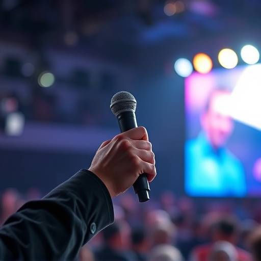 A hand holding a microphone on a stage, symbolizing public speaking and debate