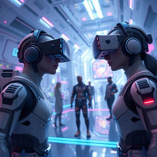A metaverse environment depicted with avatars interacting in a virtual space, showcasing augmented reality elements.