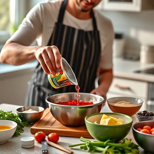 A person measuring out ingredients for cooking in a kitchen