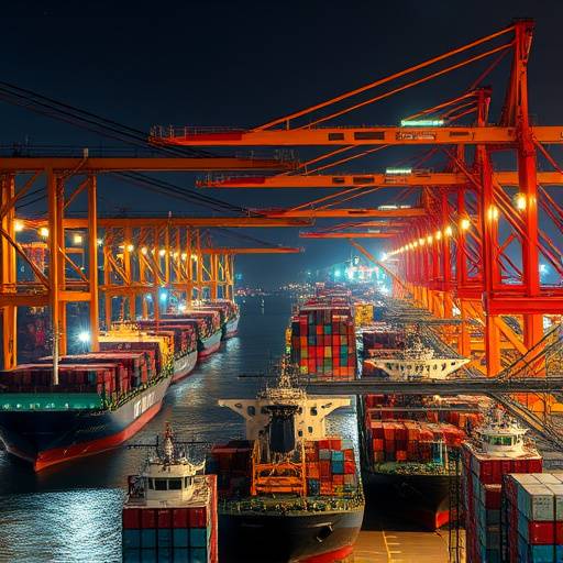 A port with cargo ships being loaded in East Asia.