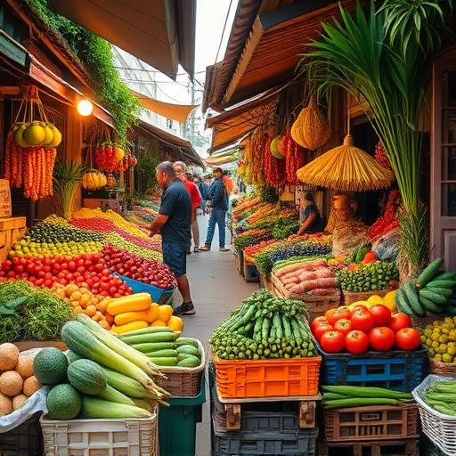 A vibrant street market in South America with diverse produce.