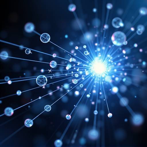 Abstract visualization of entangled quantum particles connected by lines of light.