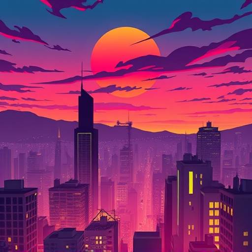 Album cover art for a new indie pop band, featuring a stylized illustration of a city at dusk.