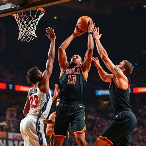 Basketball players in action during a game, one shooting a layup