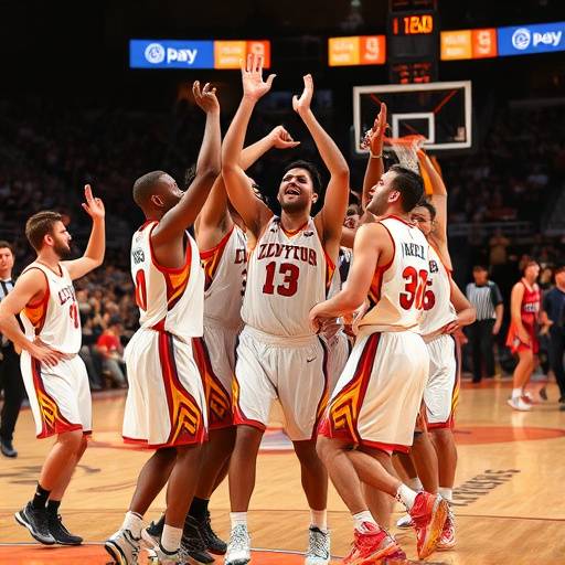 Basketball team celebrating a victory on the court