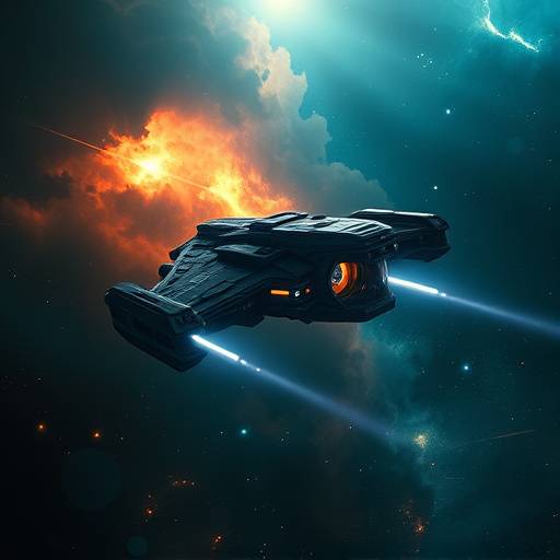 Cinematic still from a new sci-fi epic, showing a spaceship in a nebula.