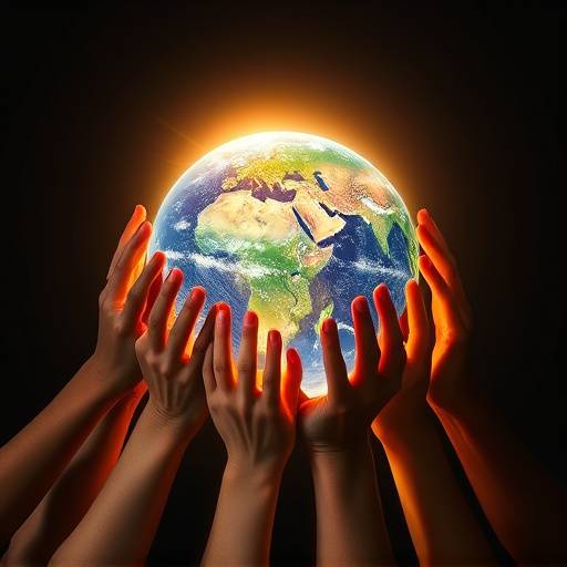 Diverse hands reaching out to support a planet Earth graphic.