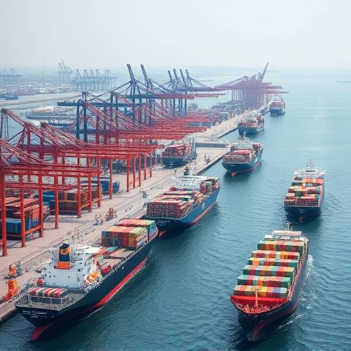 Global trade ships in a harbor