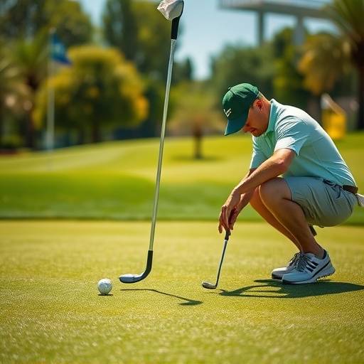 Golfer lining up a putt on a green