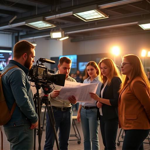 Journalists discussing a report in a modern newsroom.