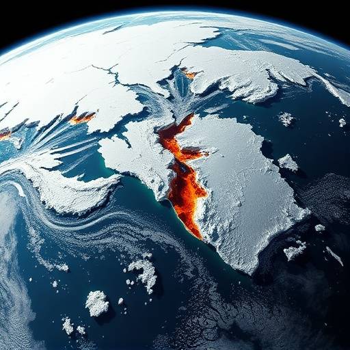 Satellite image showing melting ice caps and rising sea levels.