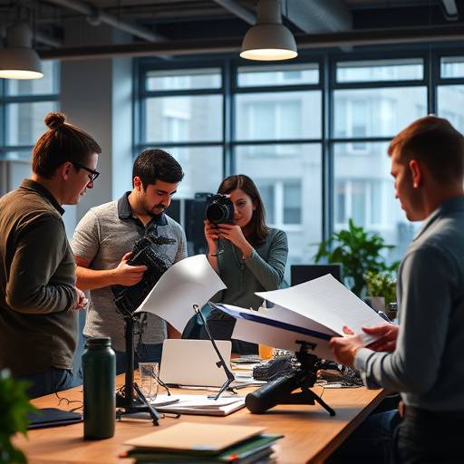 Team of journalists collaborating in a modern office space at The Emerald Chronicle